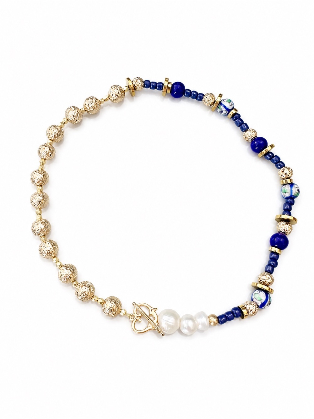 Necklace Handmade glass bead semi precious stone freshwater pearl toggle gold